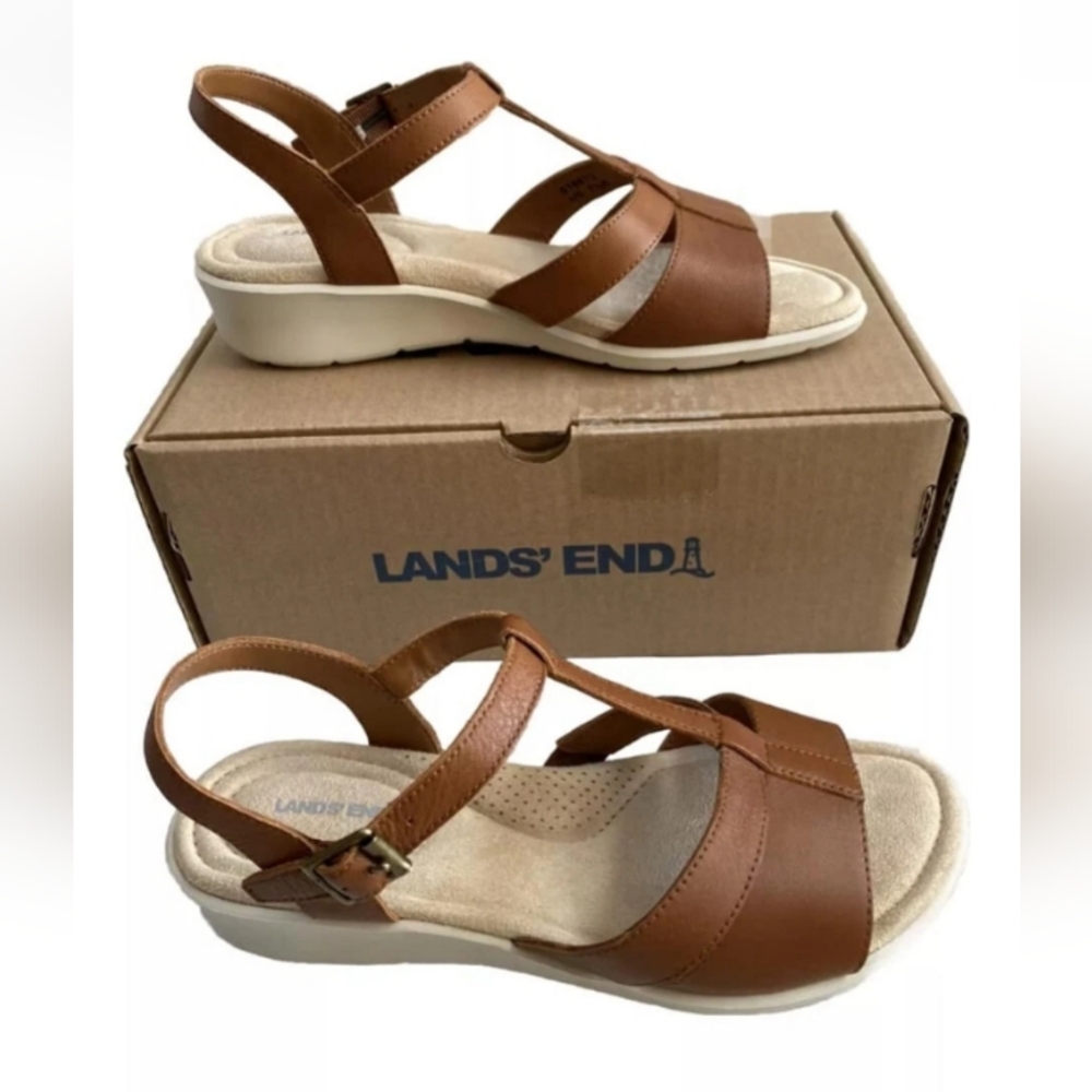 New Lands End Women's 7.5M Lightweight Comfort Sandals Shoes Brown Cognac